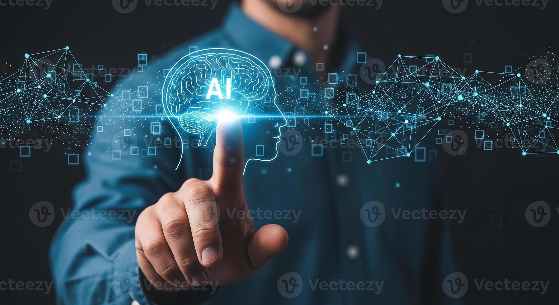 Man Interacting with a Futuristic AI Brain Interface Exploring the Potential of Artificial Intelligence and Technological Innovation in a Digital World The image conveys concepts of advanced technolog photo