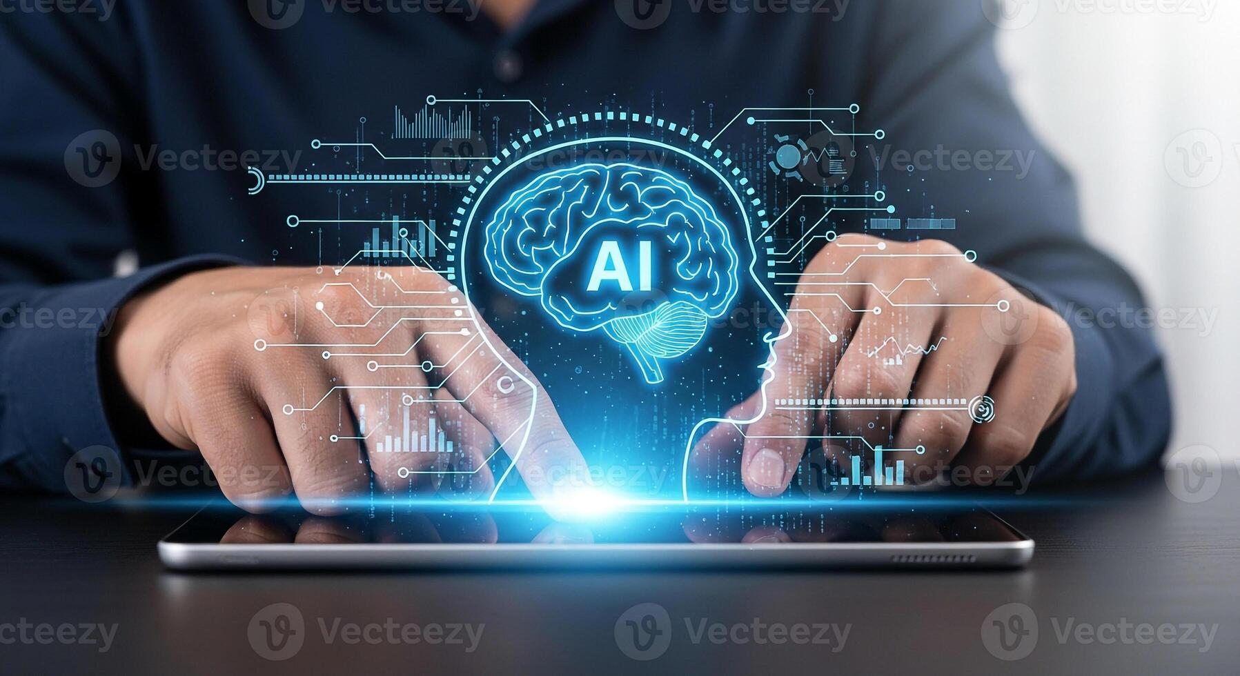 Person using digital tablet to interact with AI brain interface innovative technology concept Futuristic digital brain and neural network on a tablet screen artificial intelligence future technology d photo