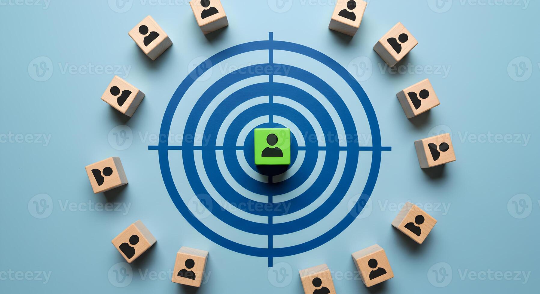 Target audience selection a green cube representing the ideal customer is centered on a dartboard surrounded by many other cubes symbolizing the wider market This image represents the concept of ideal photo