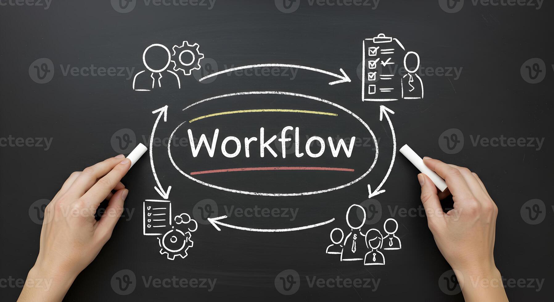 Chalkboard drawing of a workflow process with hands drawing arrows and icons illustrating business process teamwork and efficiency photo