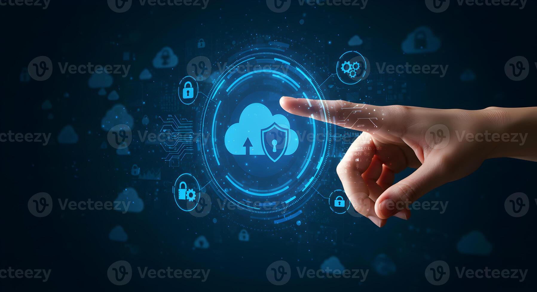 Hand Interacting with Futuristic Cloud Security Interface Digital Fingertip Accessing Secure Cloud Data Storage System Highlighting Advanced Encryption and Protection Concept photo