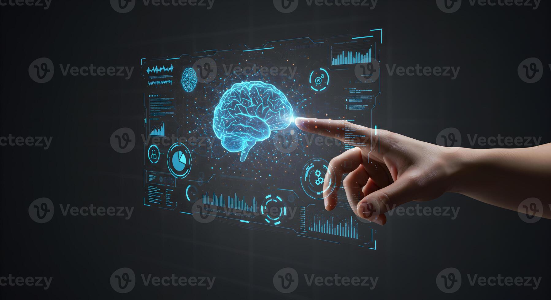 Hand Interacting with Futuristic Holographic Brain Interface Showing Neural Network AI and Big Data Analytics photo