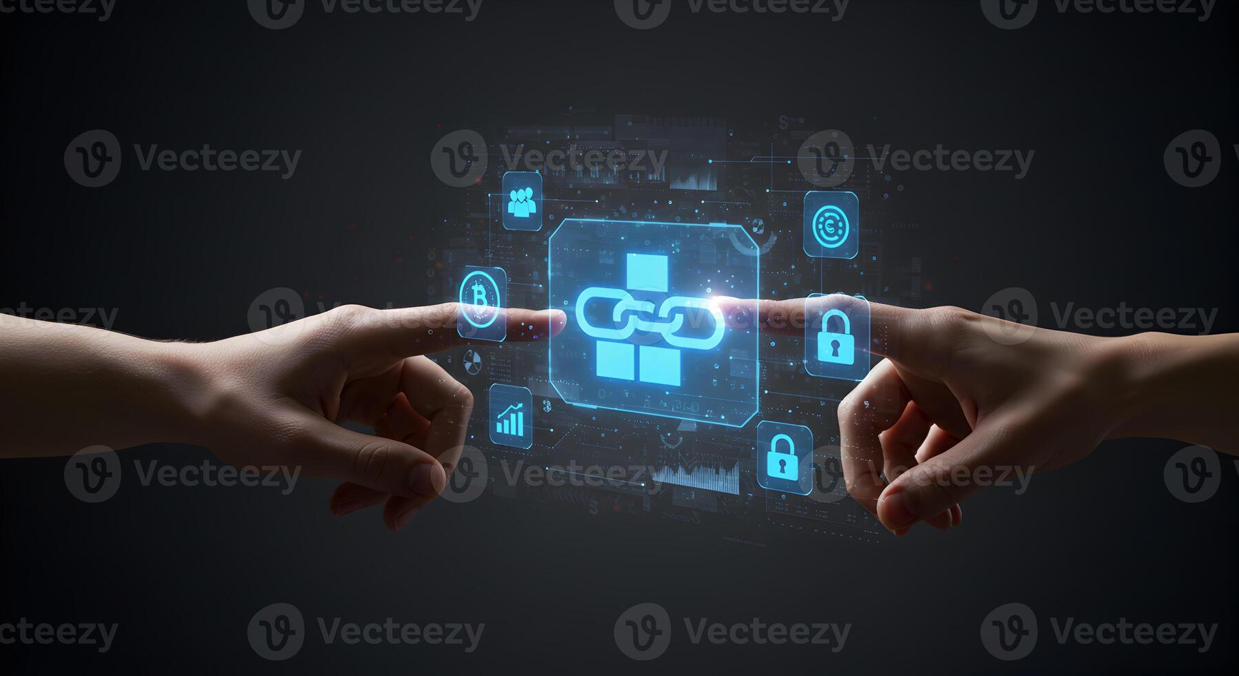 Two hands reaching toward a glowing digital chain link symbol representing connection security and blockchain technology in a futuristic technological environment The image evokes concepts of networki photo