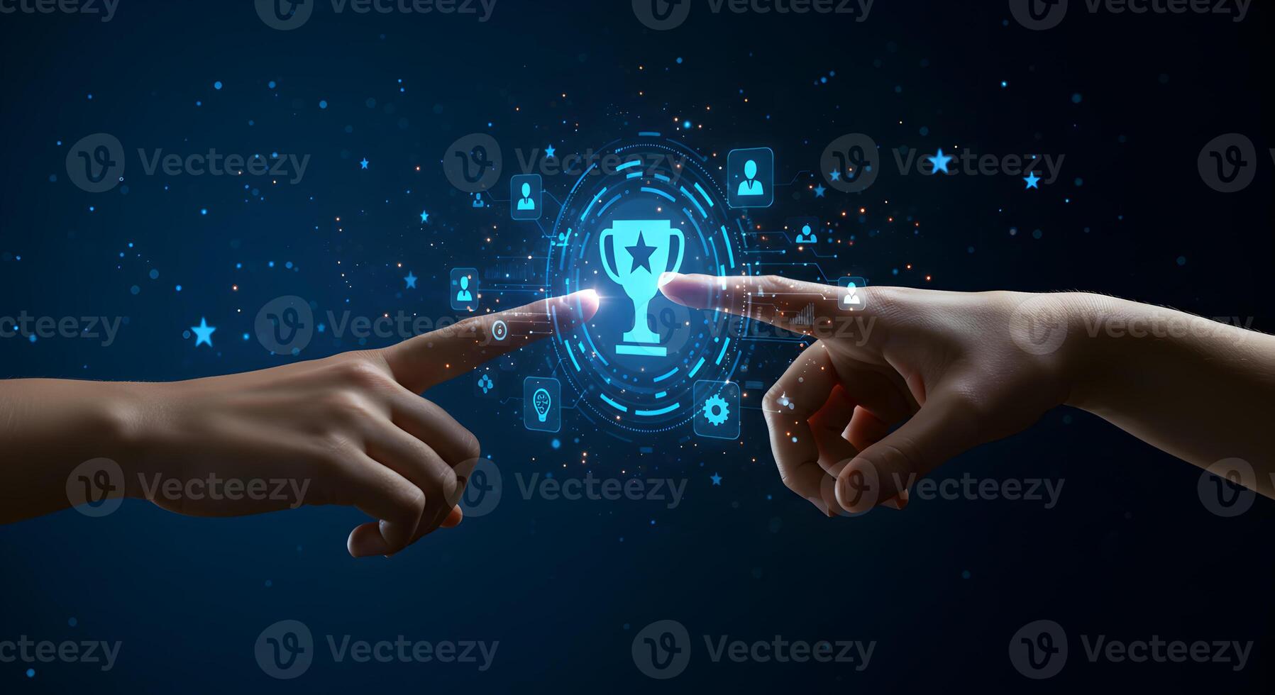 Two hands reaching out to virtually touch a glowing trophy in a futuristic digital space symbolizing collaboration success and shared achievement photo