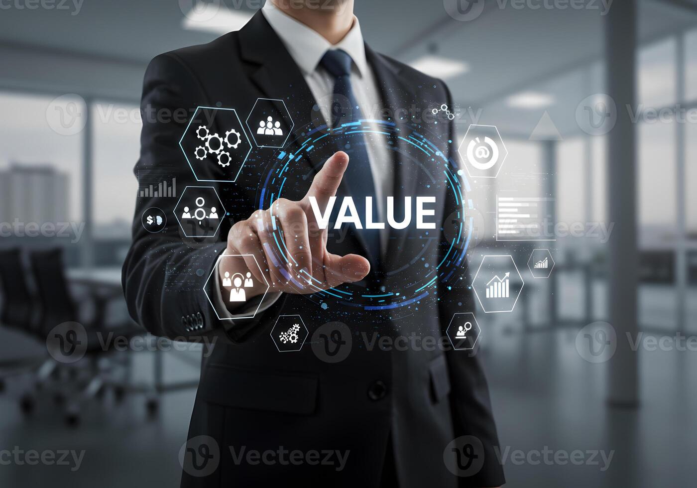 Businessman interacts with a futuristic interface displaying the word VALUE in a modern office symbolizing the importance of value creation and strategic planning in business photo