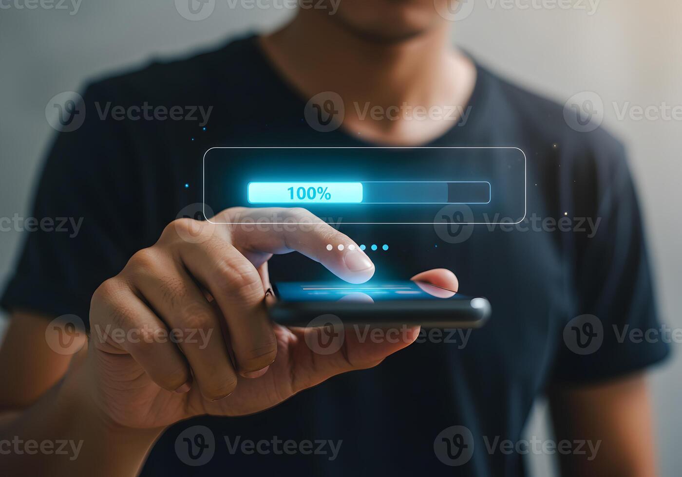 Person using smartphone with a digital progress bar showing 100 completion signifying success and achievement in a modern technological context This image conveys concepts of progress completion and d photo