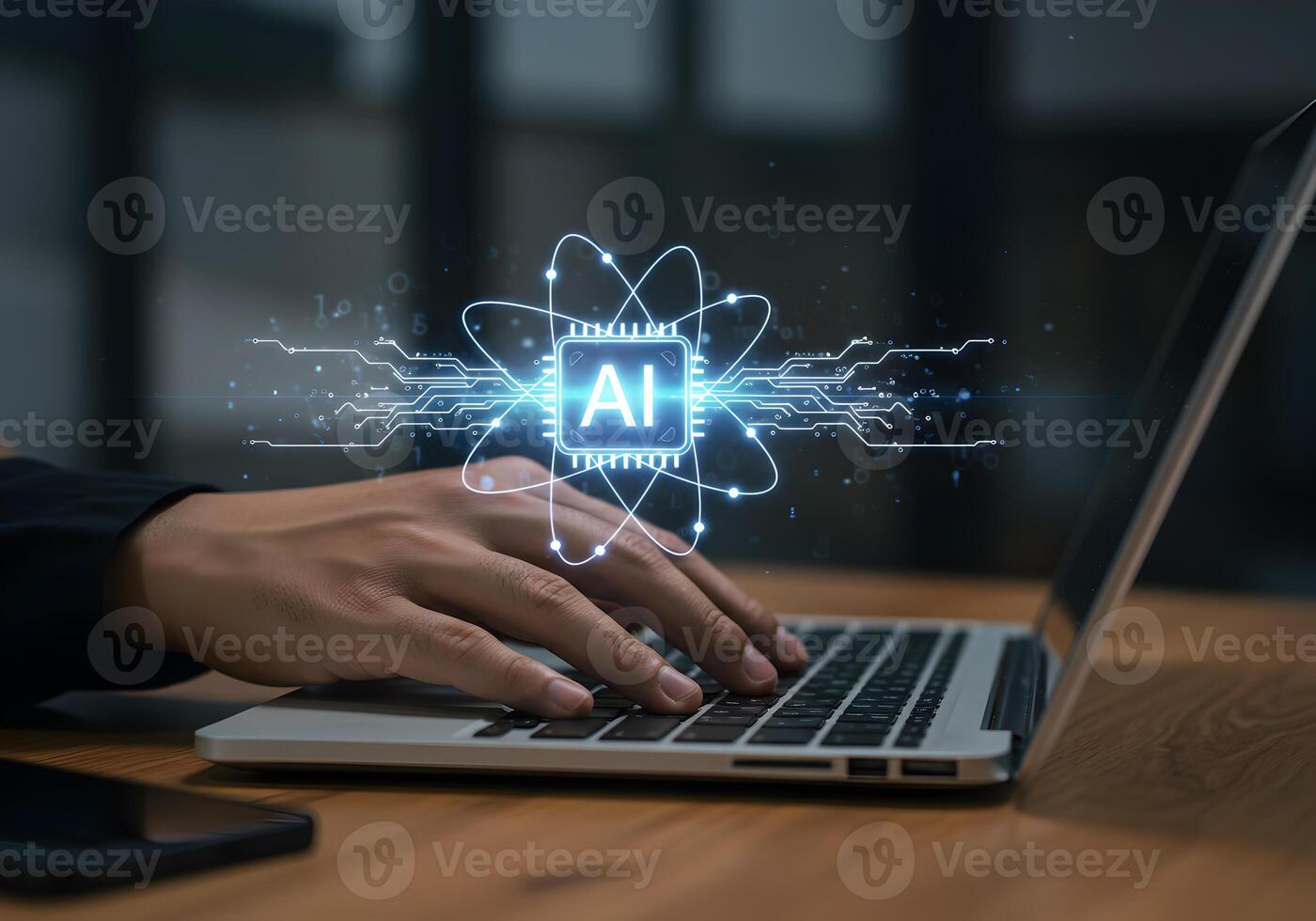 Person using laptop computer working with AI artificial intelligence futuristic technology digital transformation innovation modern office future progress development global network computing data cyb photo