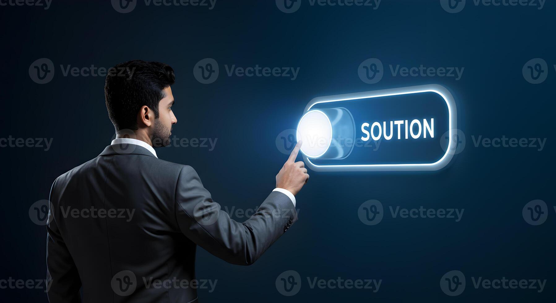 Businessman activating solution button strategic innovative digital technology concept A modern professional in a suit interacts with a glowing interface signifying problemsolving and progress in a da photo