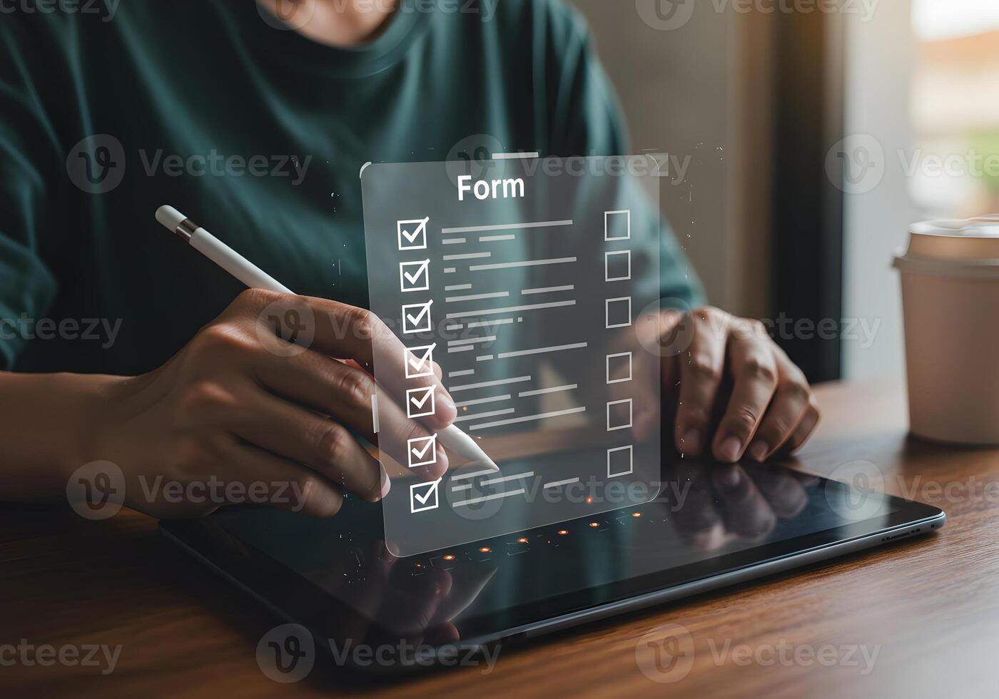 Person completing an online form using a stylus on a digital tablet working efficiently from a modern home office showcasing the concept of digital task management and online efficiency photo