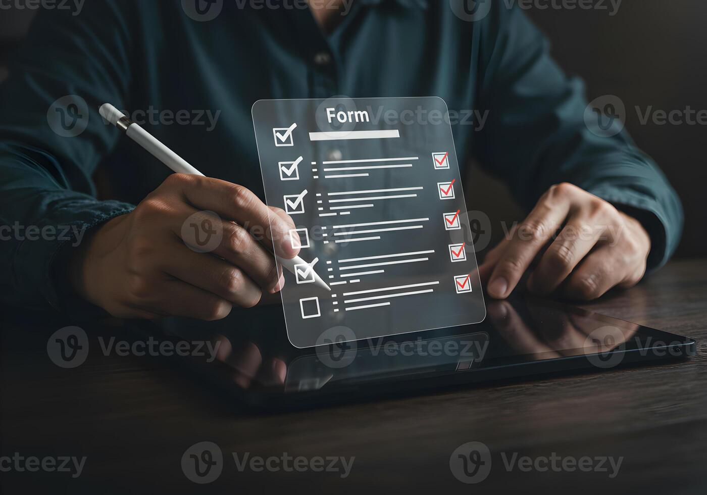 Person completing a digital checklist form on a tablet working diligently at a desk in a modern office setting signifying progress and efficiency photo
