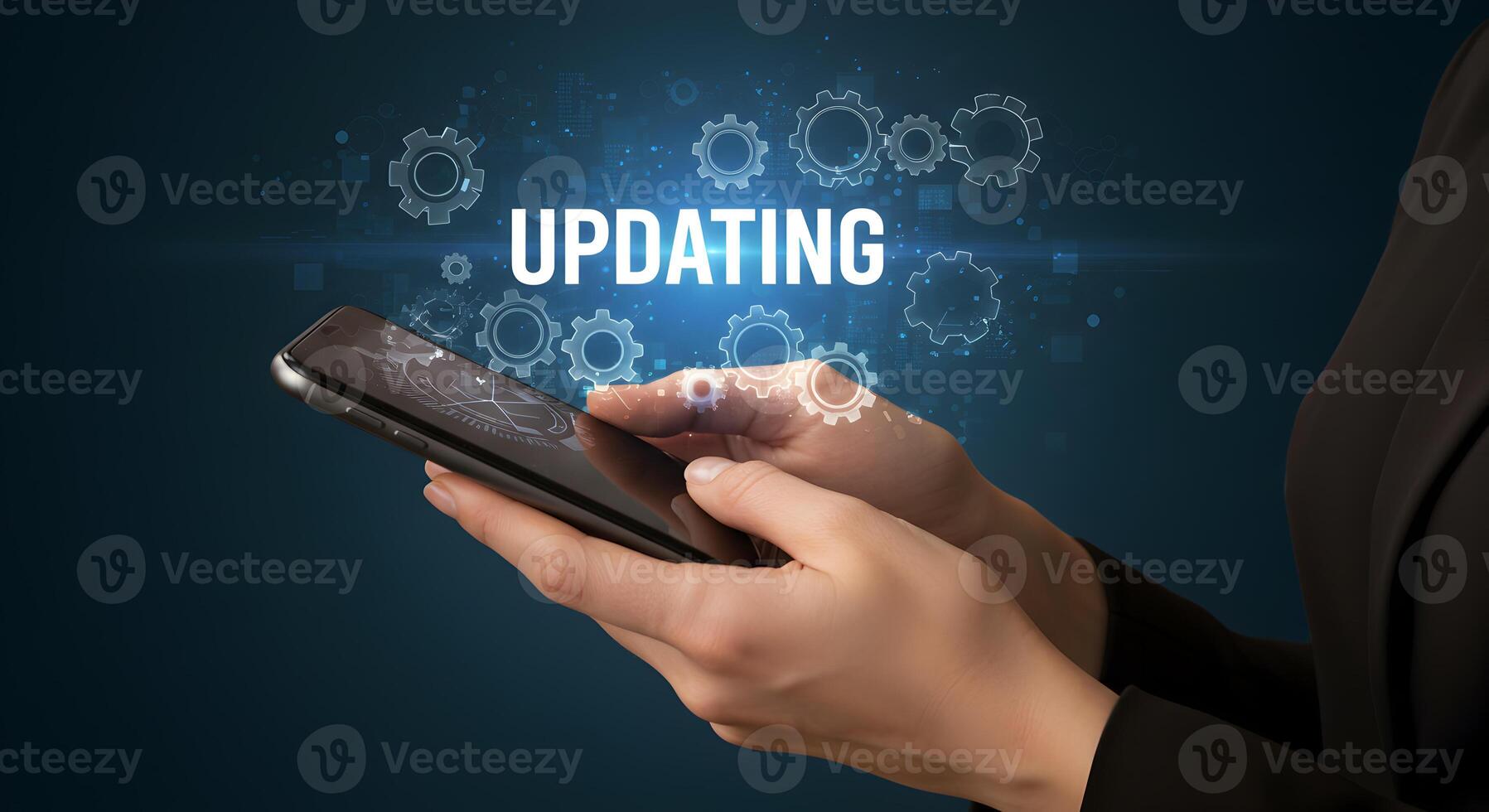 Person updating software on smartphone progress technology digital gear process innovation update mobile application screen hand finger touch device gadget network connection interface blue dark backg photo