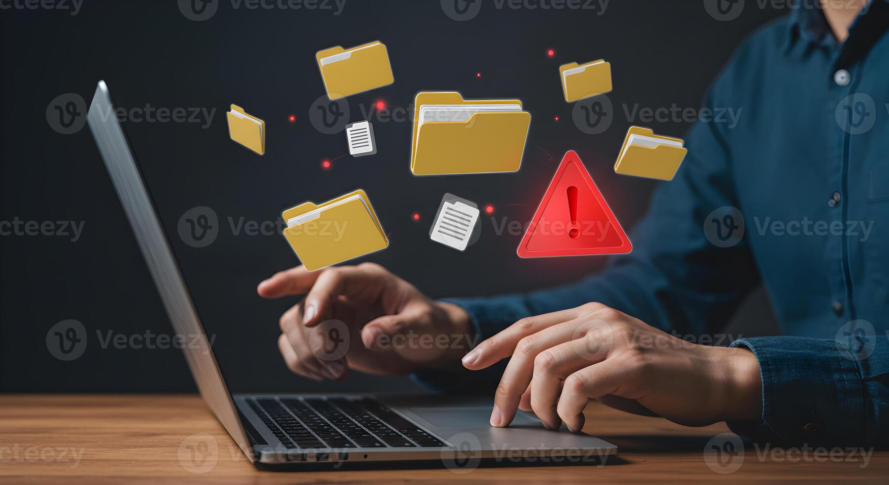 Person experiencing a critical data loss while working on laptop files floating away with warning sign digital workspace concept image photo