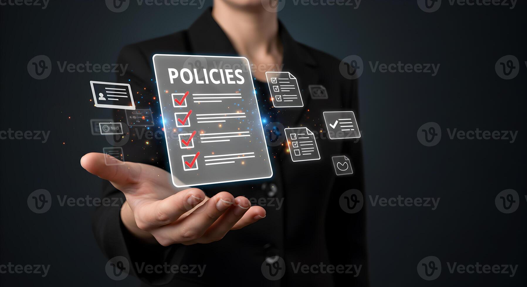 Businesswoman reviewing policies and procedures using a digital interface showcasing a modern approach to corporate governance and compliance The image conveys efficiency transparency and a commitment photo