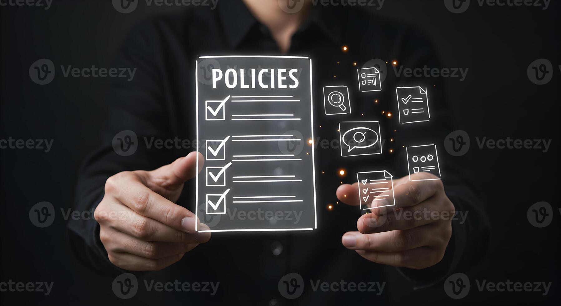 Person reviewing and managing digital policies and documents on a transparent interface showcasing a concept of online compliance and efficient workflow management photo