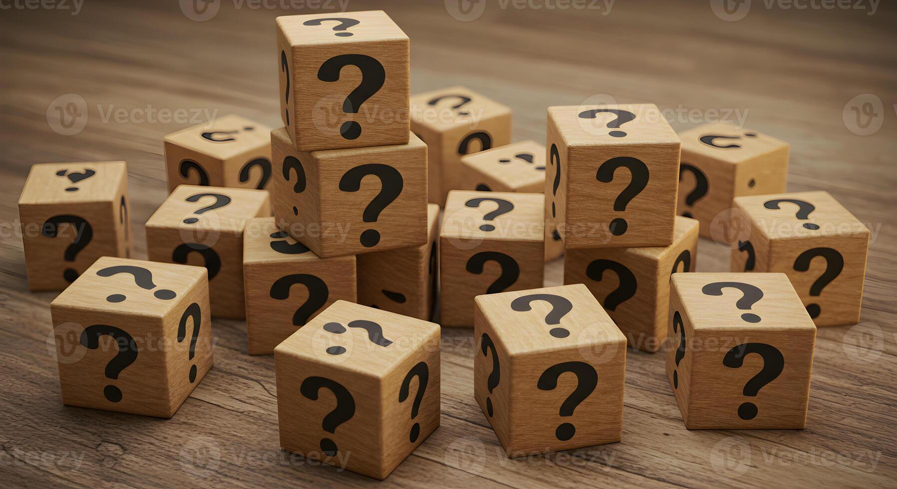 Wooden blocks with question marks scattered on a table representing uncertainty doubt questions and the search for answers The image evokes a sense of mystery and the unknown perfect for concepts rela photo