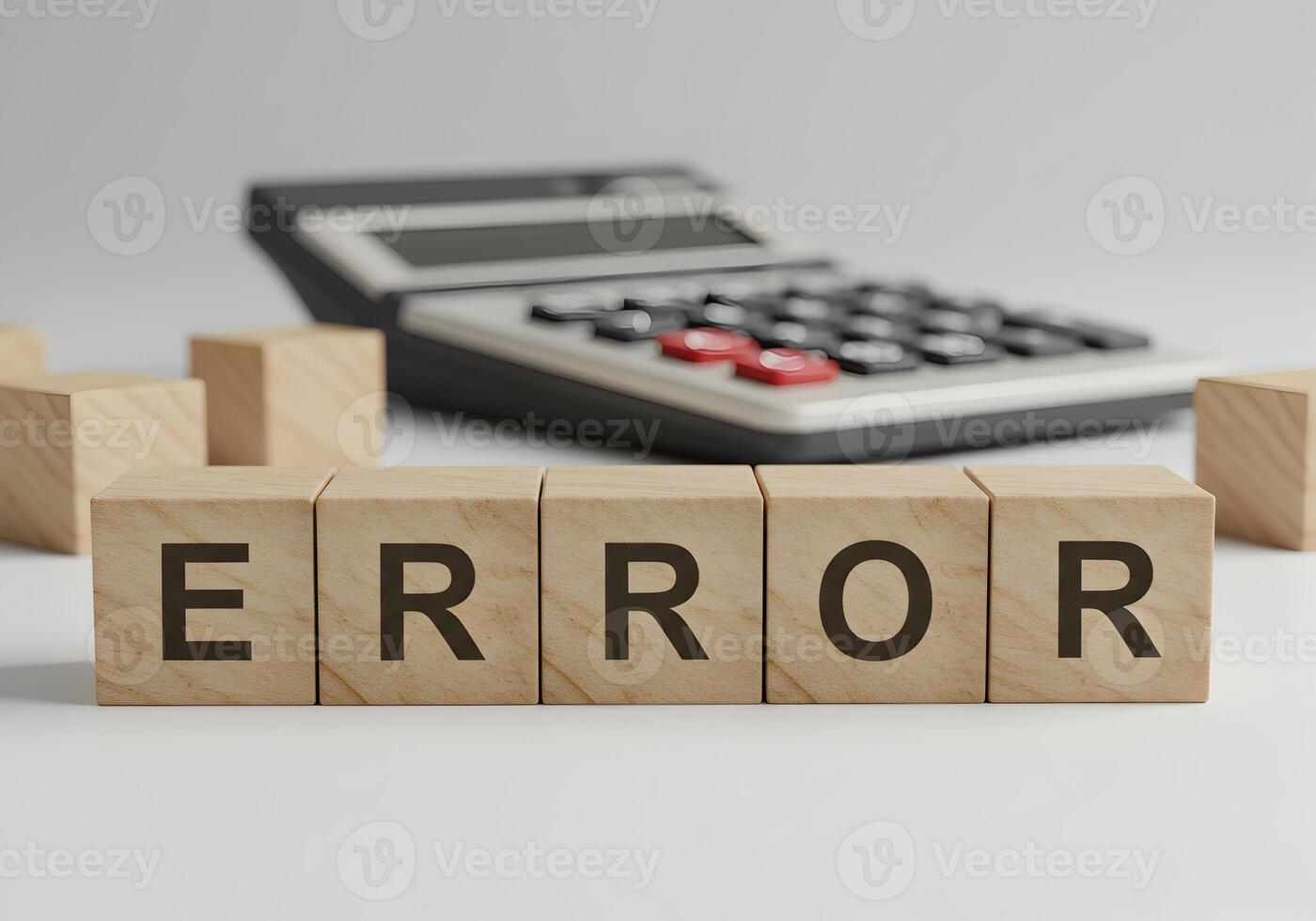 Wooden Blocks Spelling Error on Desk with Calculator in Background Represents Mistakes Problems and Troubleshooting in Finance Accounting or Mathematics photo