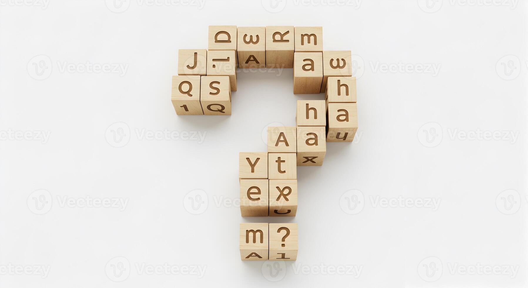 Wooden blocks spelling out a question mark on a white background representing uncertainty questions and the search for answers photo