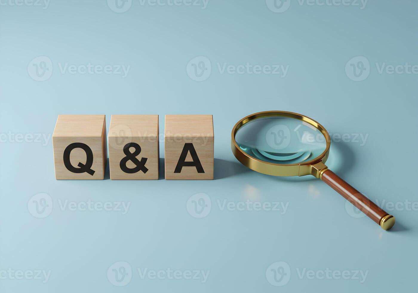 Wooden Blocks Spelling QA with Magnifying Glass on Blue Background Concept of Search Questions Answers and Solutions photo