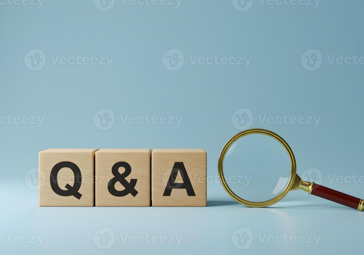 QA concept with wooden blocks and magnifying glass on a blue background Searching for answers solutions and information Ideal for websites blogs and articles related to FAQ customer support help cente photo