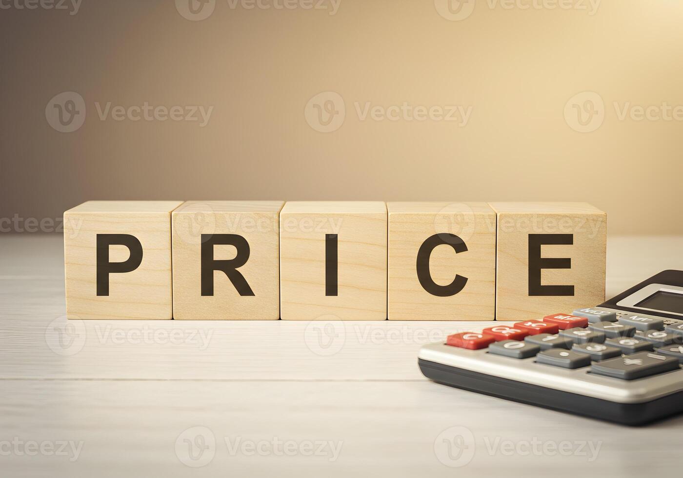 Wooden Blocks Spelling PRICE with Calculator on Desk Cost Value and Pricing Concept Image photo