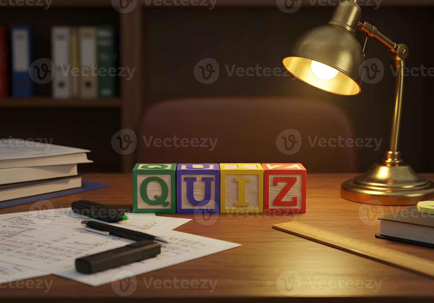 QUIZ spelled out in colorful alphabet blocks on a wooden desk at night illuminated by a warm desk lamp suggesting concepts of learning testing and education photo