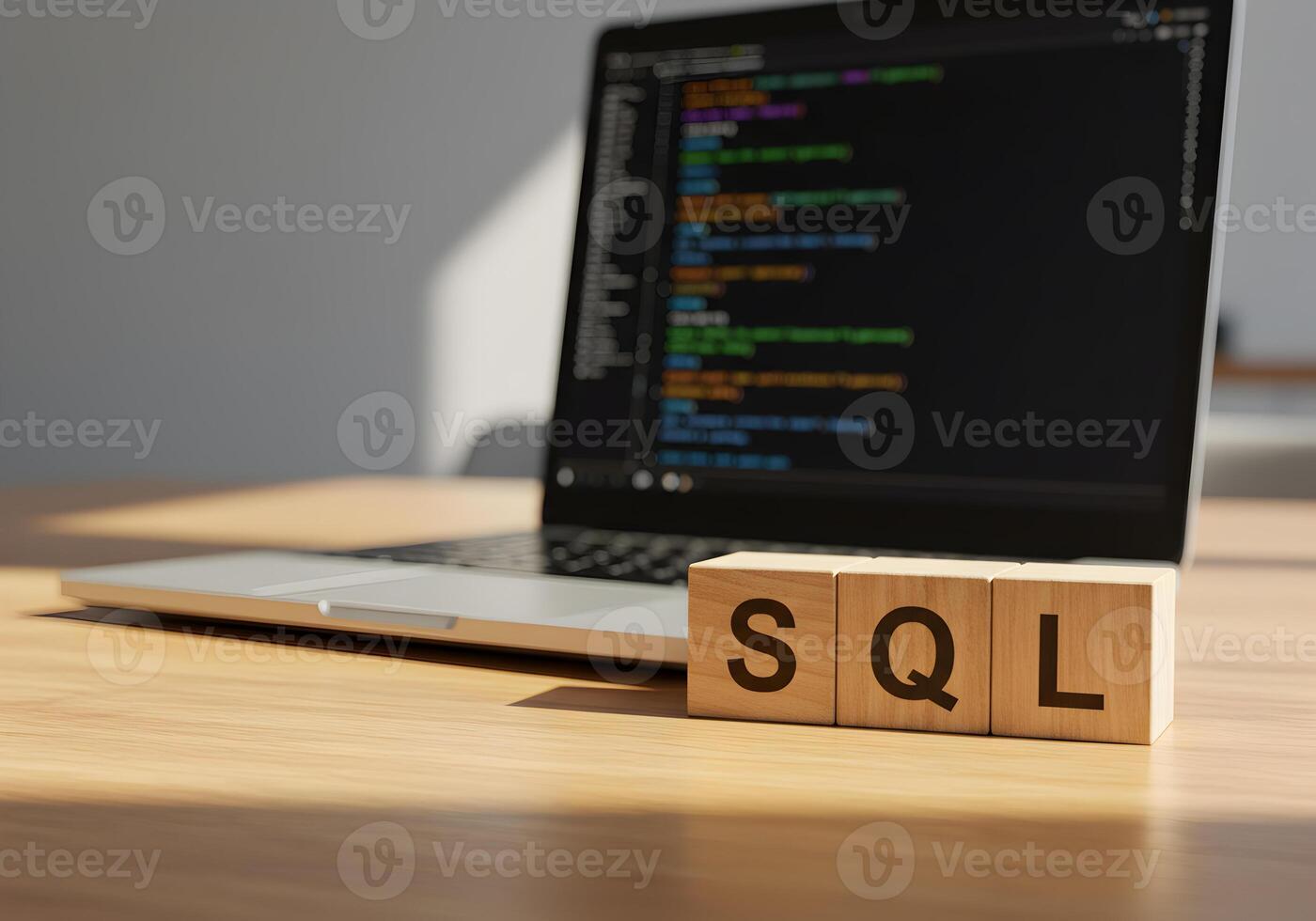 SQL Database Code on Laptop Screen with Wooden Blocks on Desk Software Development Concept photo