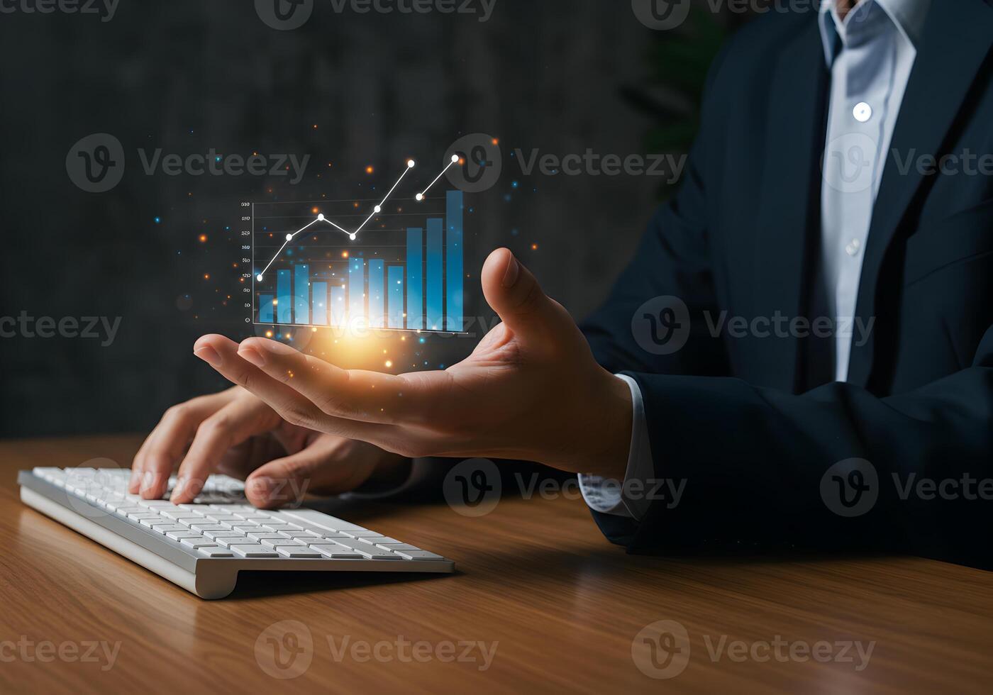 Businessman analyzing glowing financial chart positive growth concept modern office workspace successful entrepreneur visualizing data and progress using holographic technology photo