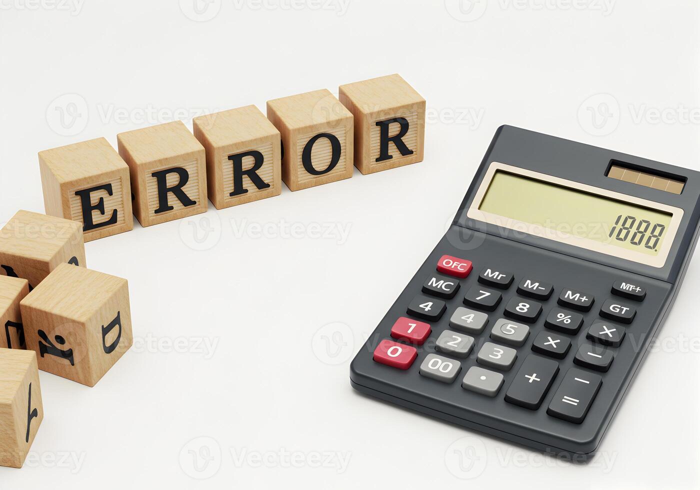 Wooden Blocks Spelling Error Next to Calculator Showing a Calculation Mistake Representing a Financial or Mathematical Error Concept photo