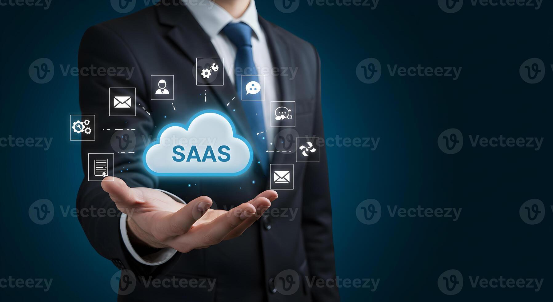 Businessman Presenting SaaS Cloud Computing Solution Digital Technology Concept Software as a Service Futuristic Innovation Global Network Modern Business Cloud Computing Digital Transformation Networ photo