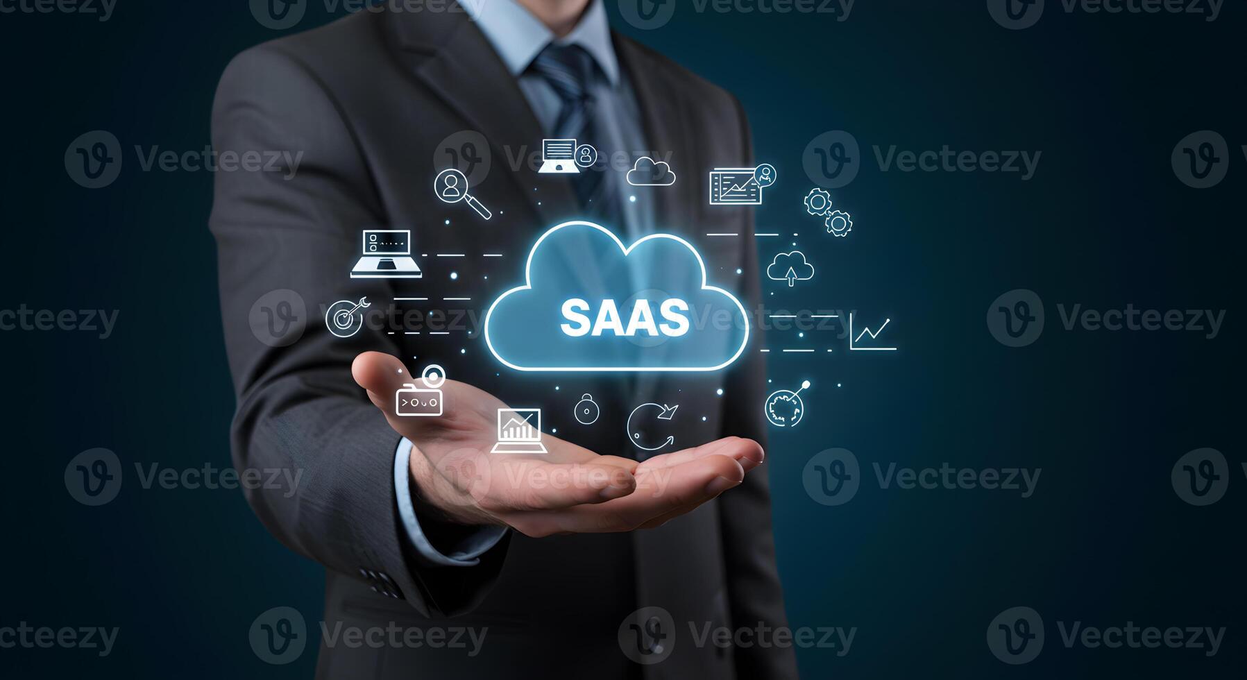 Businessman Presenting SaaS Cloud Computing Solution Digital Technology Innovation and Future Concept Software as a Service Cloud Computing Network and Data Storage A futuristic image for technology b photo