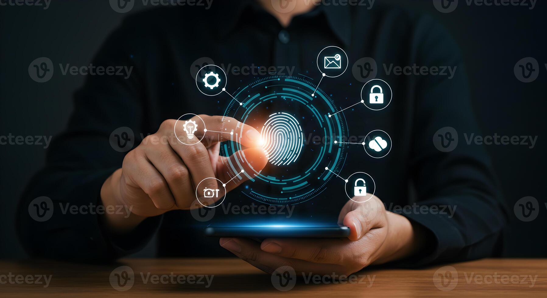 Person using biometric fingerprint scanner for secure access to digital data innovative technology cybersecurity concept The image depicts a hand interacting with a futuristic interface on a smartphon photo