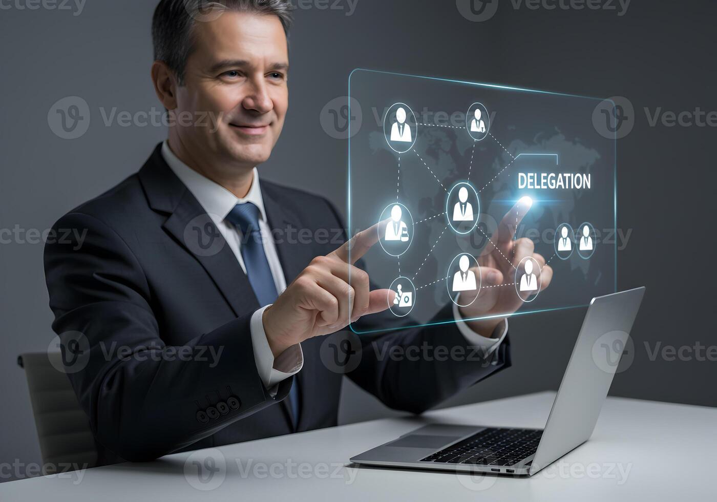 Confident businessman interacts with a holographic interface managing tasks and team delegation in a modern office setting showcasing efficient workflow and leadership photo