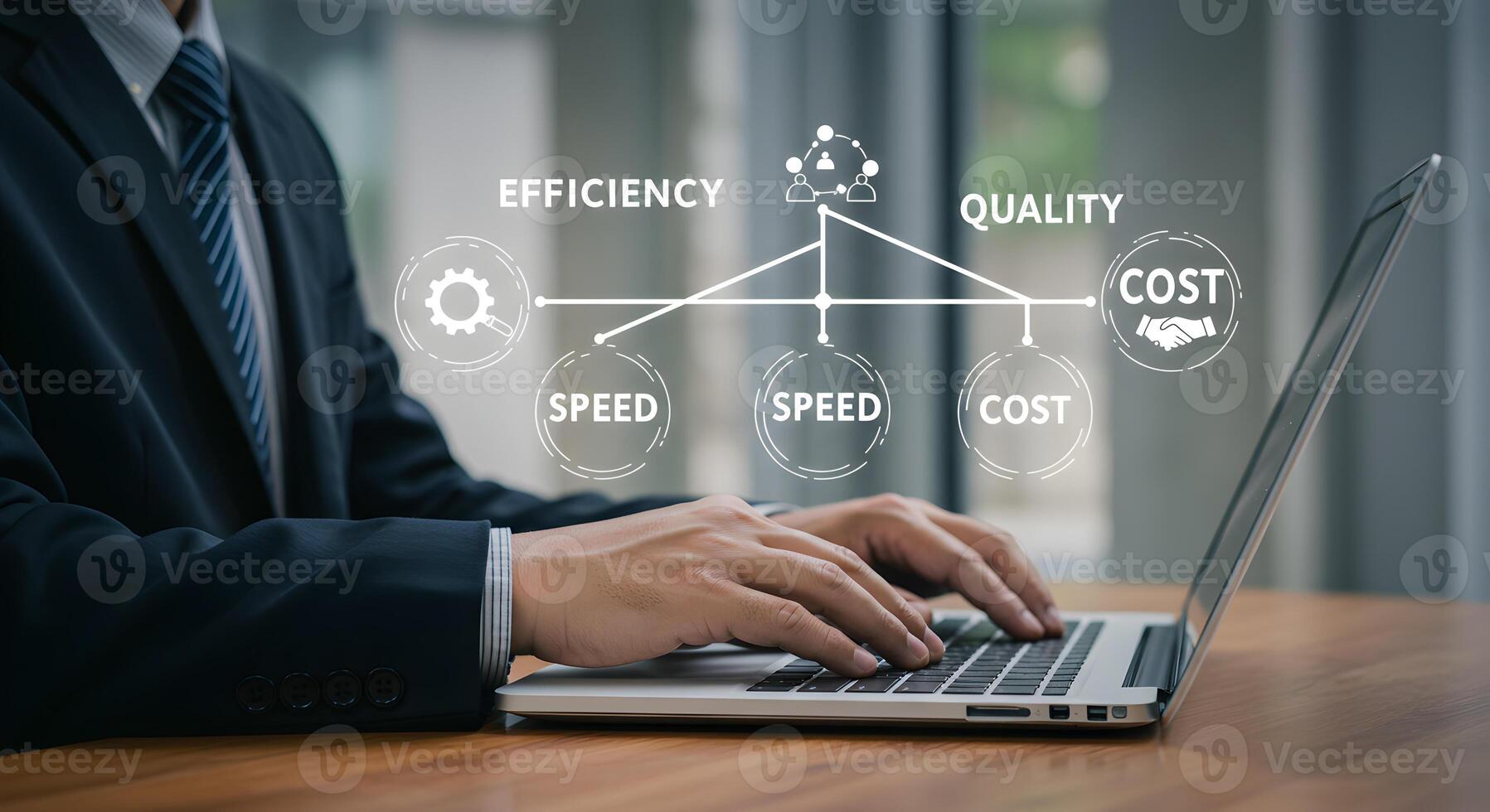 Businessman Analyzing Key Performance Indicators KPIs on Laptop Focusing on Efficiency Speed Cost and Quality in Modern Office Setting photo