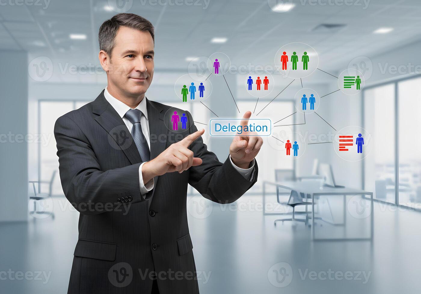 Confident businessman in modern office interacting with a digital interface showing delegation of tasks and teamwork The image conveys the concept of efficient workflow and successful project manageme photo
