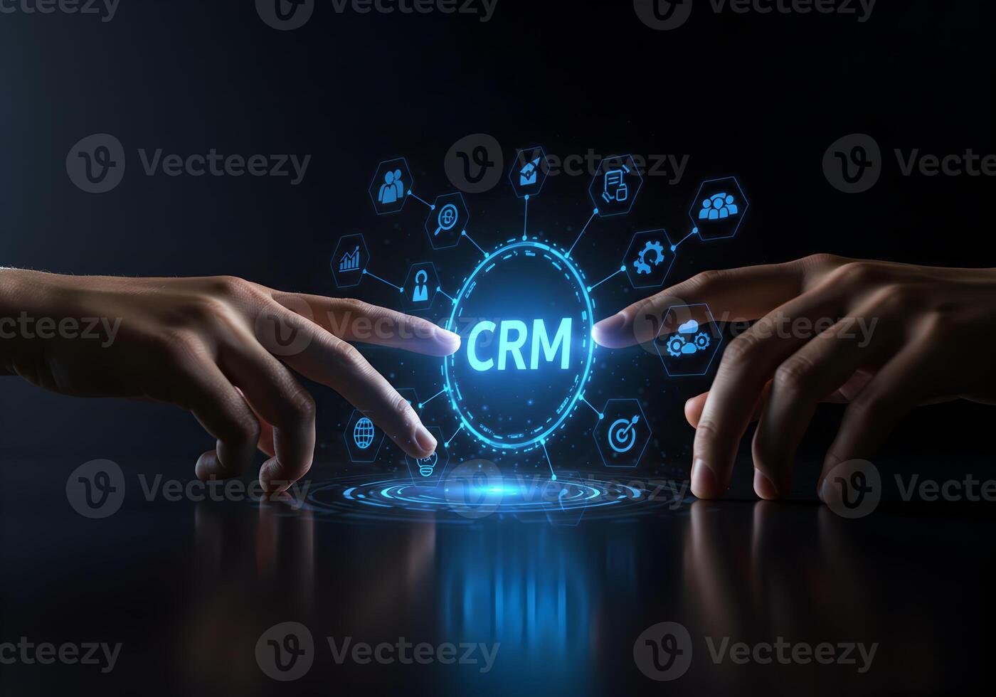 Two hands interacting with a futuristic CRM interface showcasing innovative customer relationship management technology in a digital environment The concept depicts seamless integration and advanced d photo