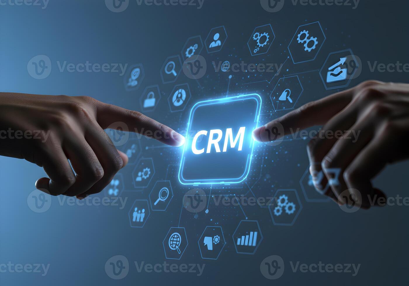 Two hands reaching out to activate a glowing CRM interface surrounded by digital icons symbolizing the power of customer relationship management in the digital age photo