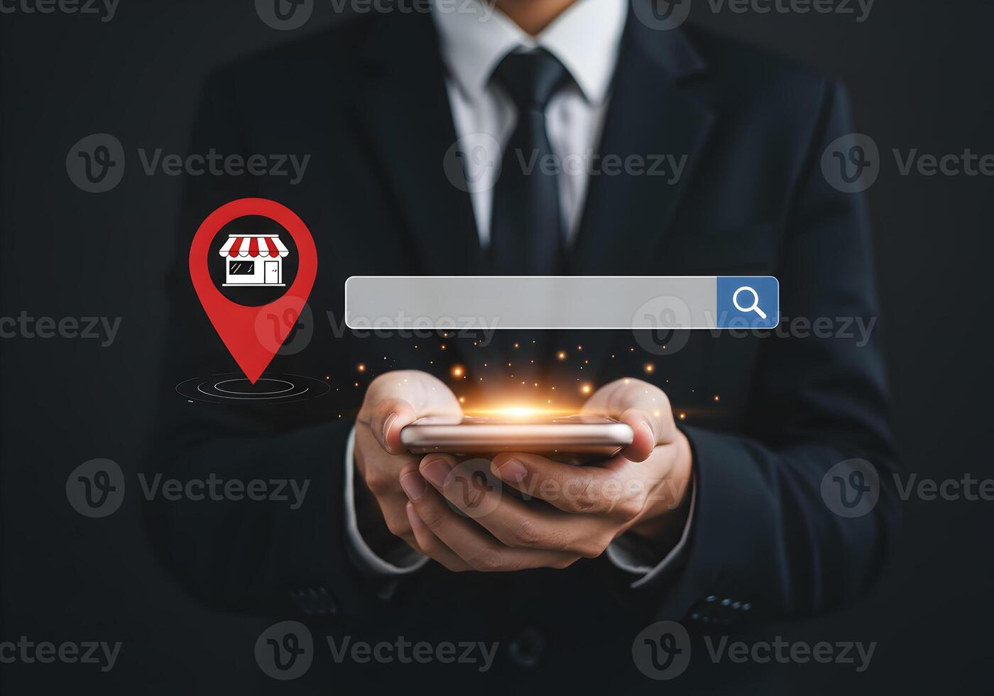 Businessman using smartphone to search for local business via online map application finding a store location with GPS This image represents the concept of online business search local SEO and mobile photo