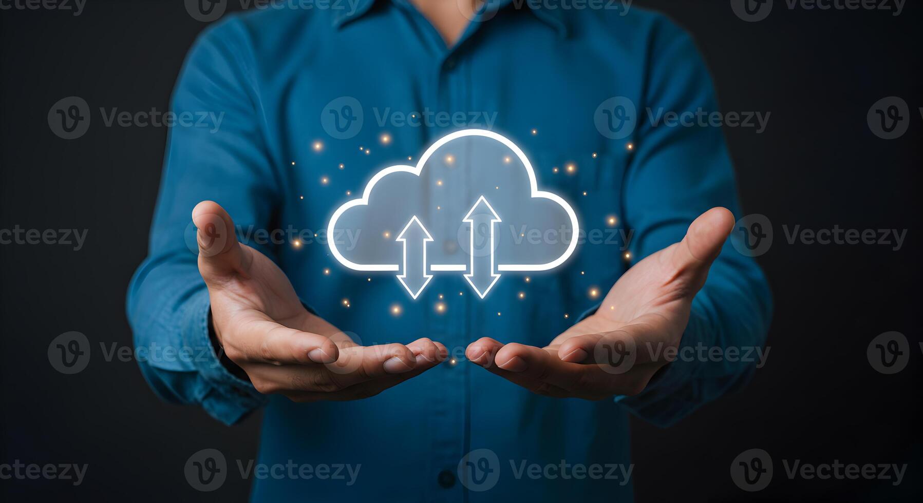 Man Presenting Cloud Computing Data Transfer Concept Uploading and Downloading Information in a Digital Network Innovative Technology and Connectivity Secure Cloud Storage Solution photo