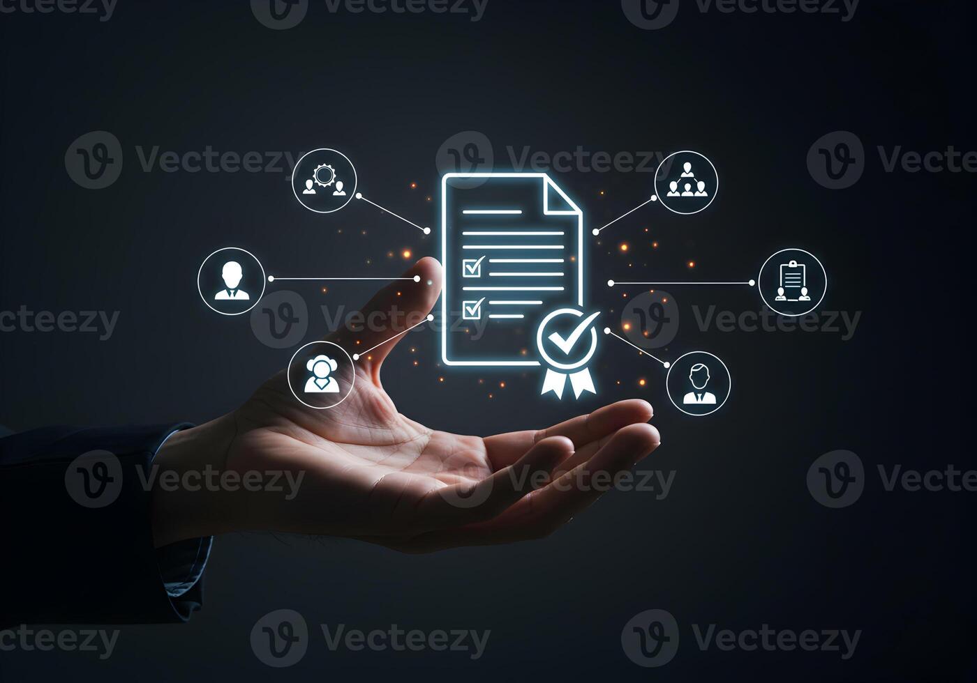 Hand Presenting a Verified Document with Checkmarks and Network Icons Symbolizing Quality Assurance Compliance and Teamwork in a Digital Business Setting photo