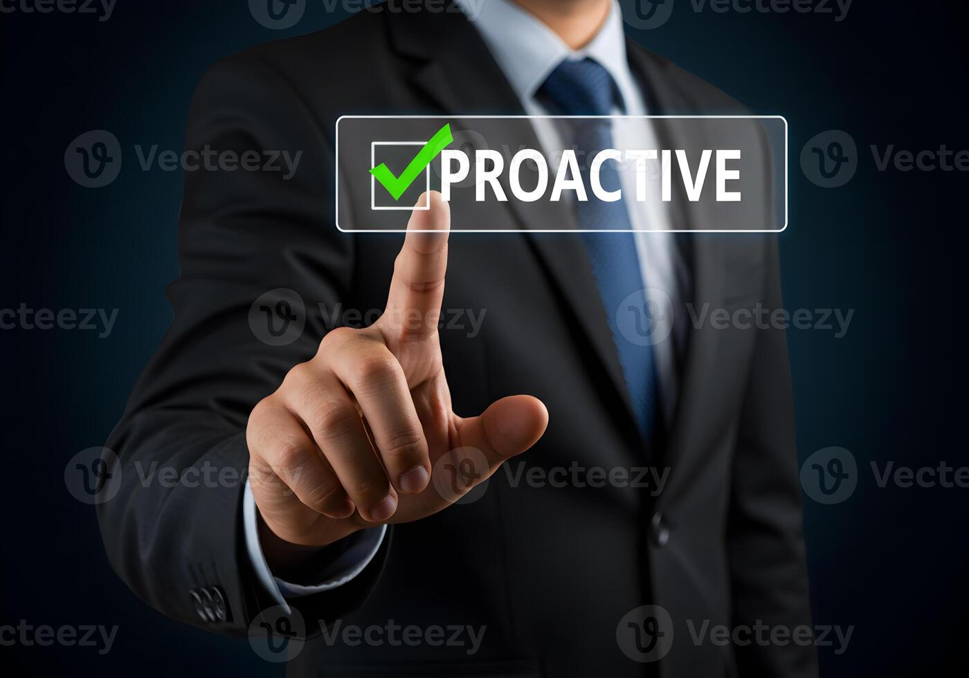 Businessman selects proactive on touchscreen interface signifying initiative and forwardthinking in modern business This image depicts ambition success and strategic planning in a professional setting photo