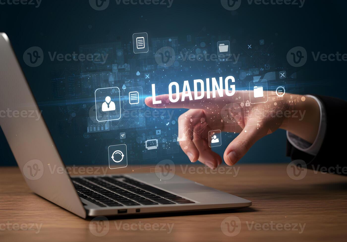 Hand interacting with digital interface showing loading process on laptop screen modern technology concept progress loading bar digital workspace data processing information technology network compute photo