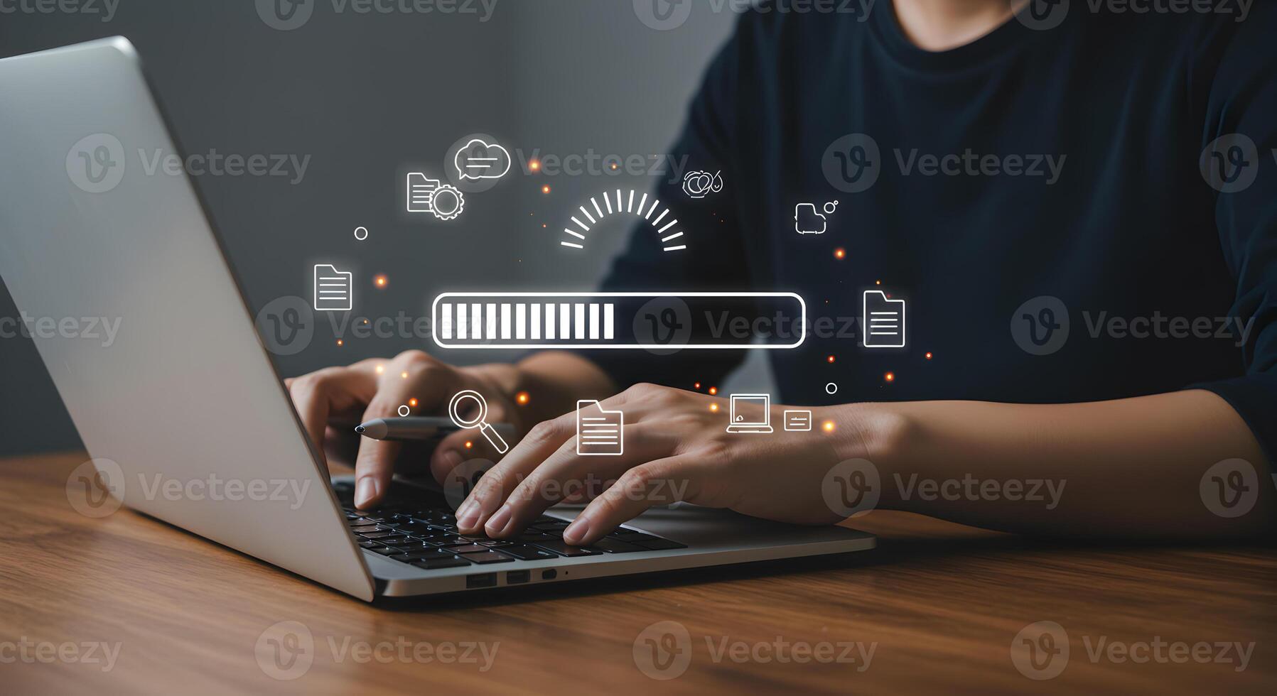 Person working diligently on laptop progress bar loading data showcasing digital transformation and innovation in a modern office setting The image evokes a sense of efficiency and technological advan photo