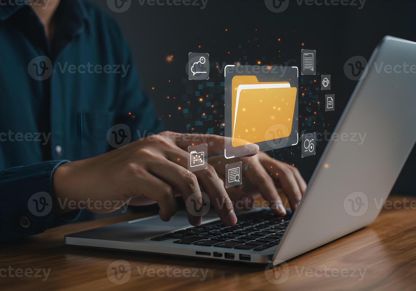 Person managing digital files and data on laptop cloud computing digital workspace online storage efficient workflow futuristic technology innovative solution seamless connectivity data management sec photo