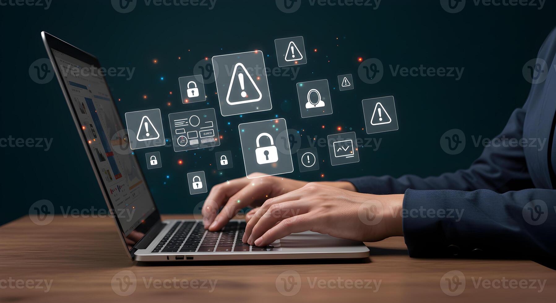 Person working on laptop computer dealing with cybersecurity threats and digital security risks at office desk showing alert and warning signs concept of data protection and online security photo