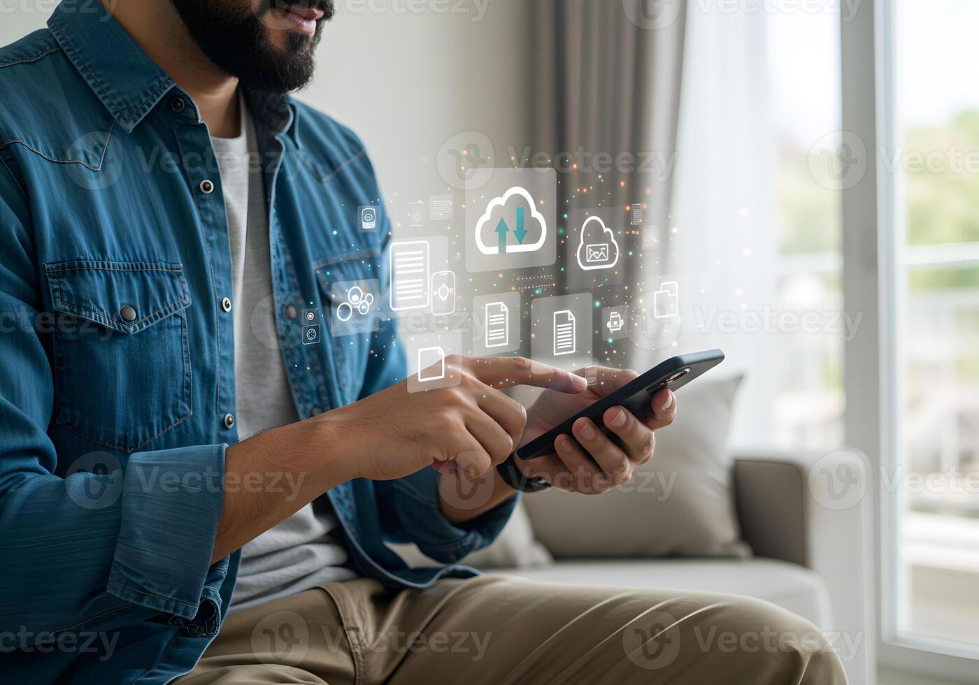 Man using smartphone to access cloud storage managing digital files from home seamless data transfer concept photo