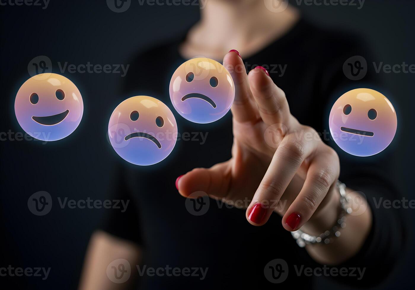 Woman using digital interface to interact with feedback emojis assessing customer satisfaction and online reviews The image depicts a modern approach to analyzing customer sentiment and improving user photo