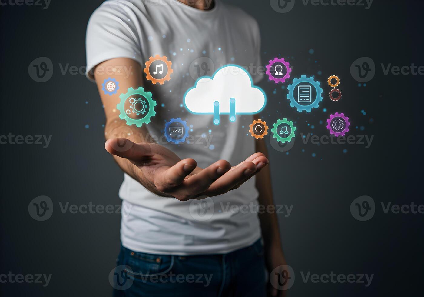 Man Presenting Cloud Computing Technology with Icons of Multimedia Music and Documents in a Dark Studio Setting Symbolizing Digital Innovation and Data Management photo