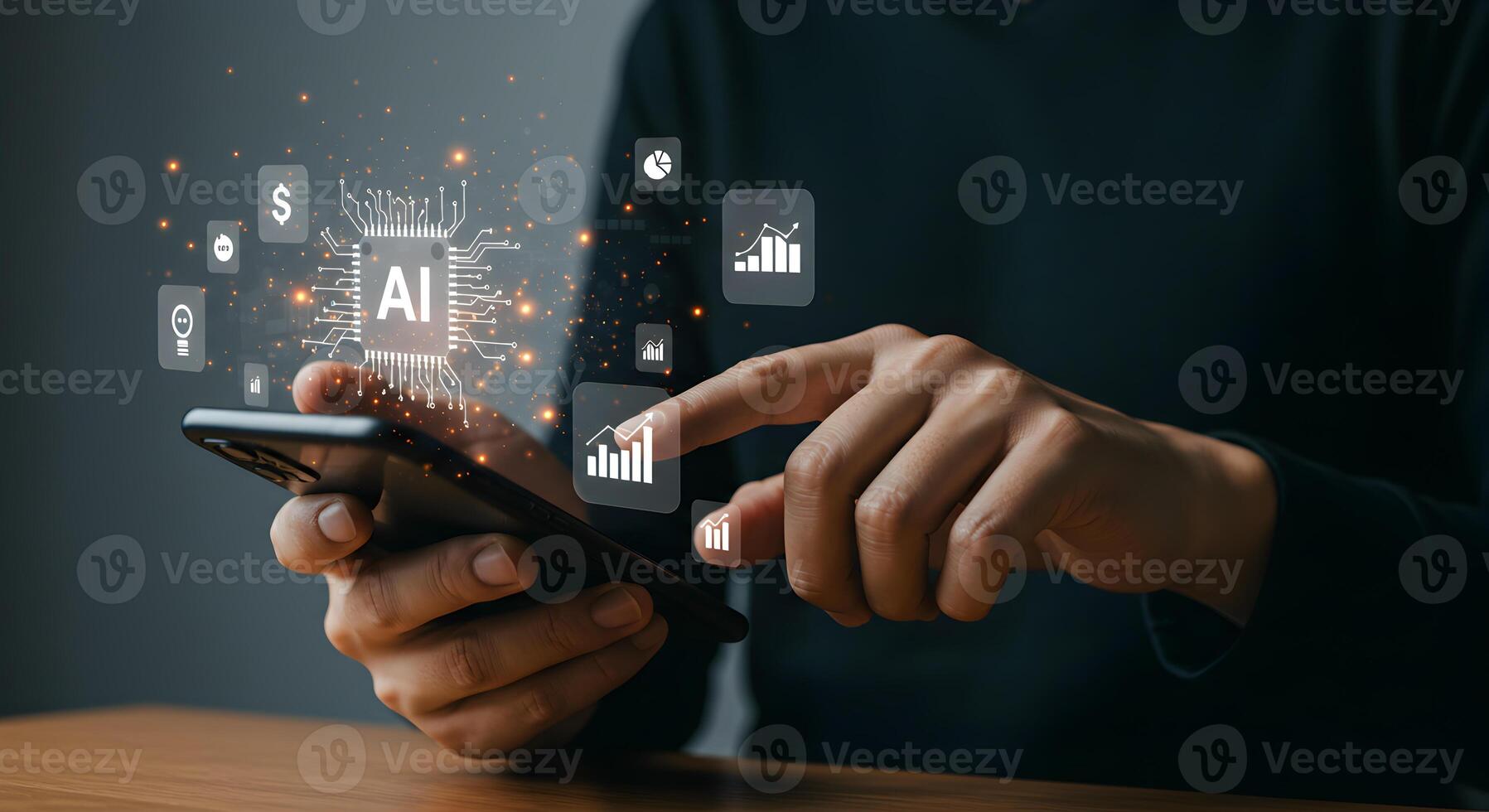 Person using a smartphone to access AIdriven business analytics and data visualization showcasing financial growth and technological innovation The image evokes a sense of modern technology and future photo