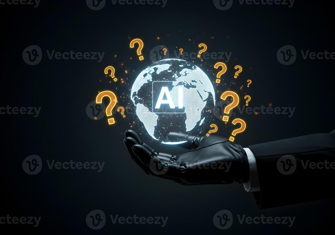 Robotic hand holding a digital globe with AI symbol surrounded by question marks representing uncertainty and challenges of artificial intelligence in a global context photo