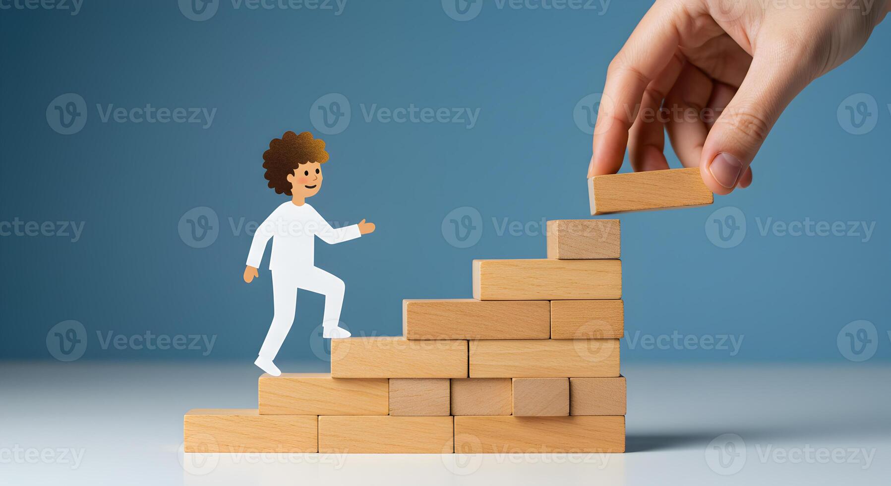 Person ascending a staircase made of wooden blocks representing growth and progress with a hand adding a block to the top symbolizing support and opportunity This image depicts concepts of career adva photo